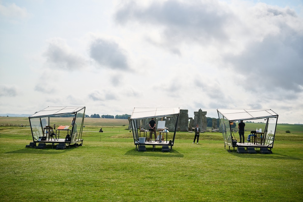 Finalists working in the pods at Stonehenge